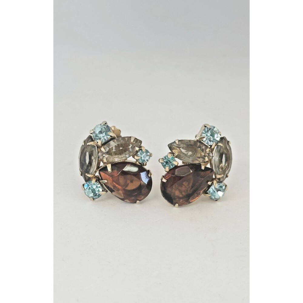Vintage Juliana Delizza Topaz Amber Ice Blue Smoky Grey Colored Clip-on Earrings